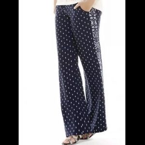 New CABI 5176 Beach Club Track Star Trousers Wide Leg Flowy Navy Blue White